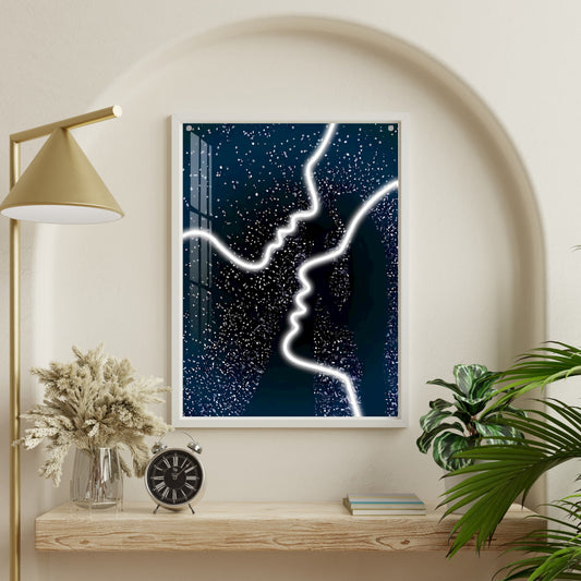 Custom UV Printed Wedding Wall Art with Neon Accent – Personalized Couple Silhouette